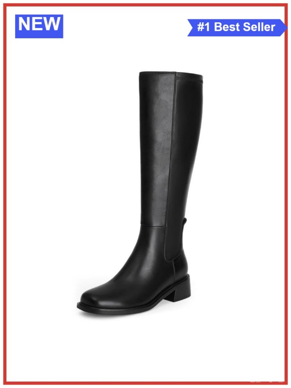 Women's Faux Leather Knee High Boots Low Heel Square Toe Stretch